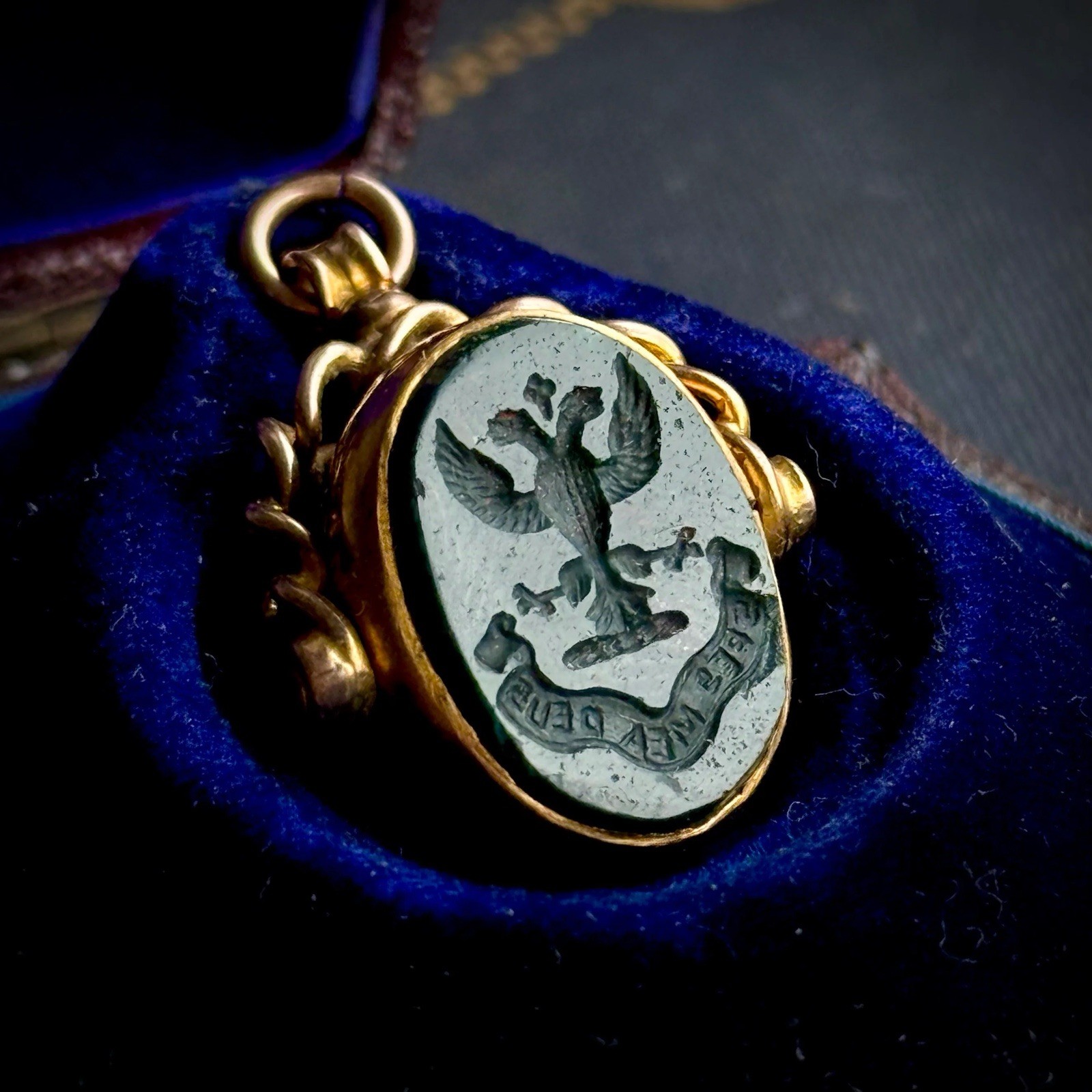 HEART & SERPENT Antique Bloodstone Intaglio Fob in 9 Carat Gold; Circa 1900