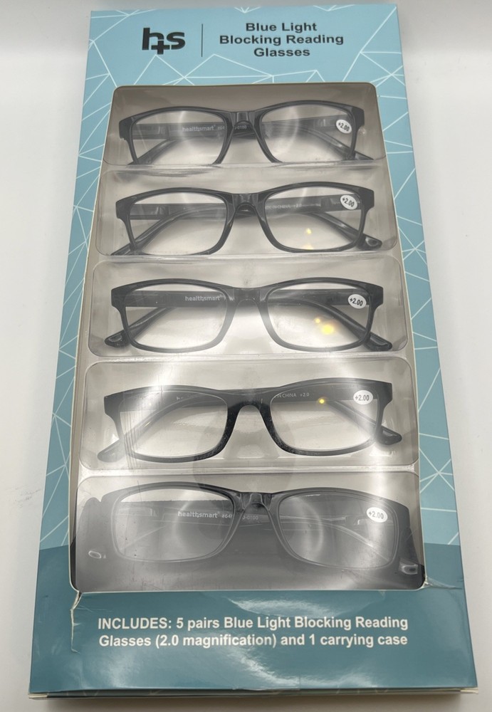 Health Smart Blue Light Blocking Reading Glasses 5 Pack 2.0 magnification Reader