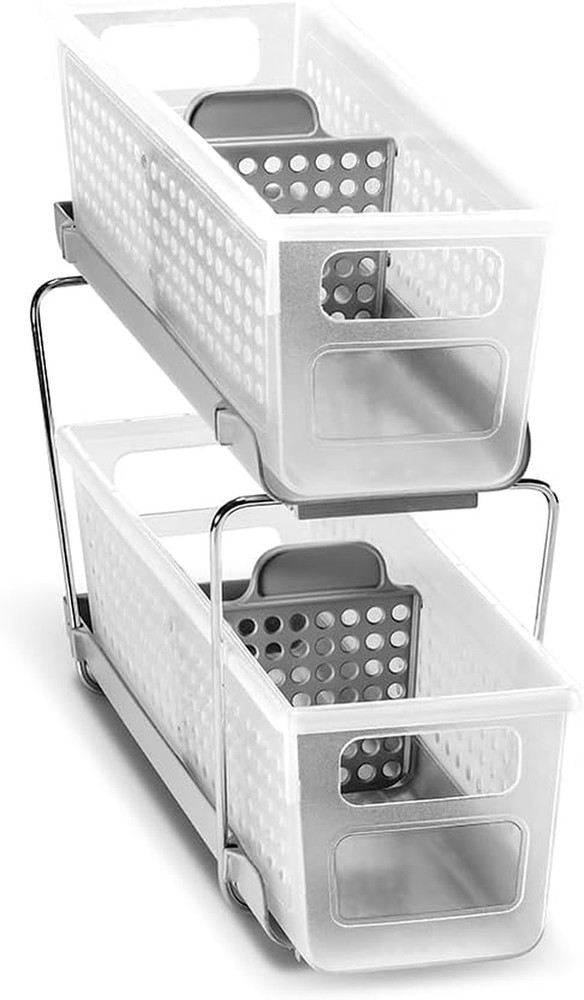 2-Tier Plastic Mini Multipurpose Organizer with Divided Slide-Out Storage Bins,