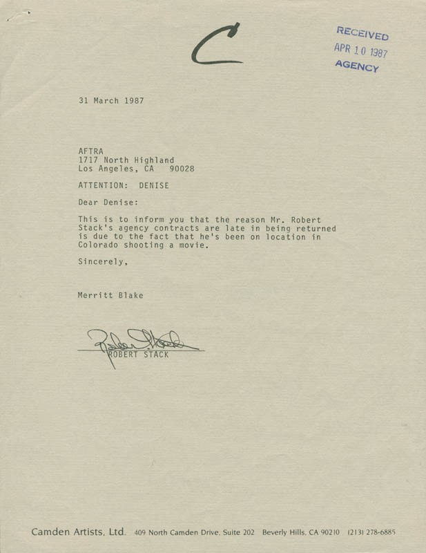 ROBERT STACK - DOCUMENT SIGNED 03/31/1987