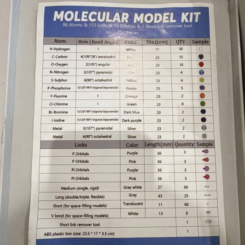 Molecular Model Kit 252 Pieces with Short Link Remover Tool