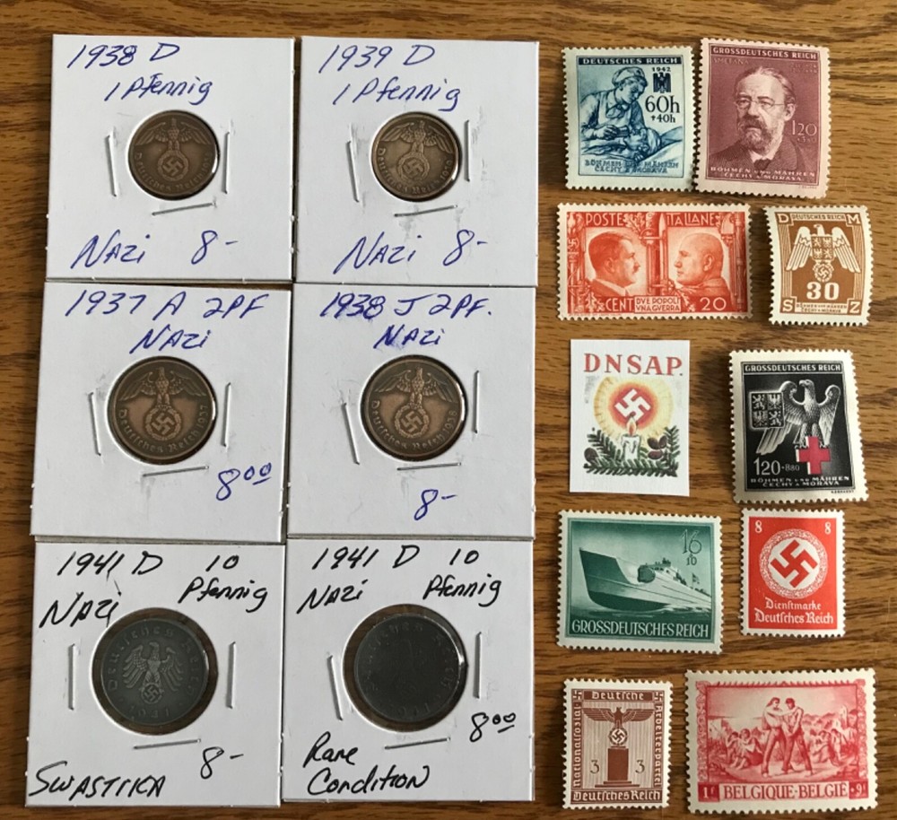 Third Reich Coins and 9 Stamps
