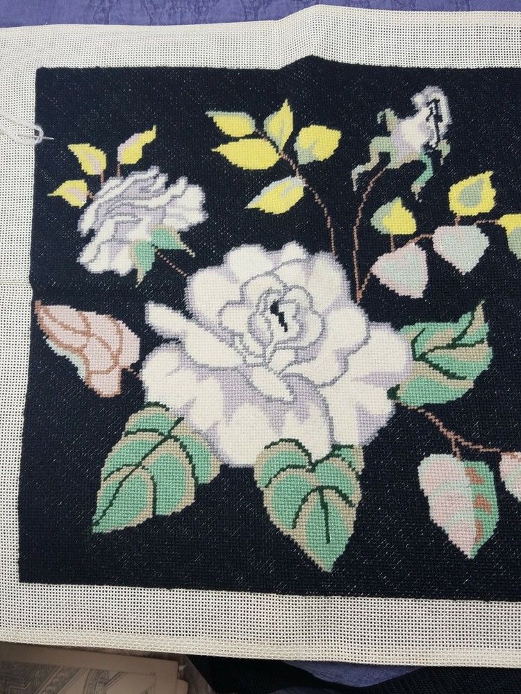 Partial Finished Vintage Needlepoint Panel White Roses Leaves 17.5" square