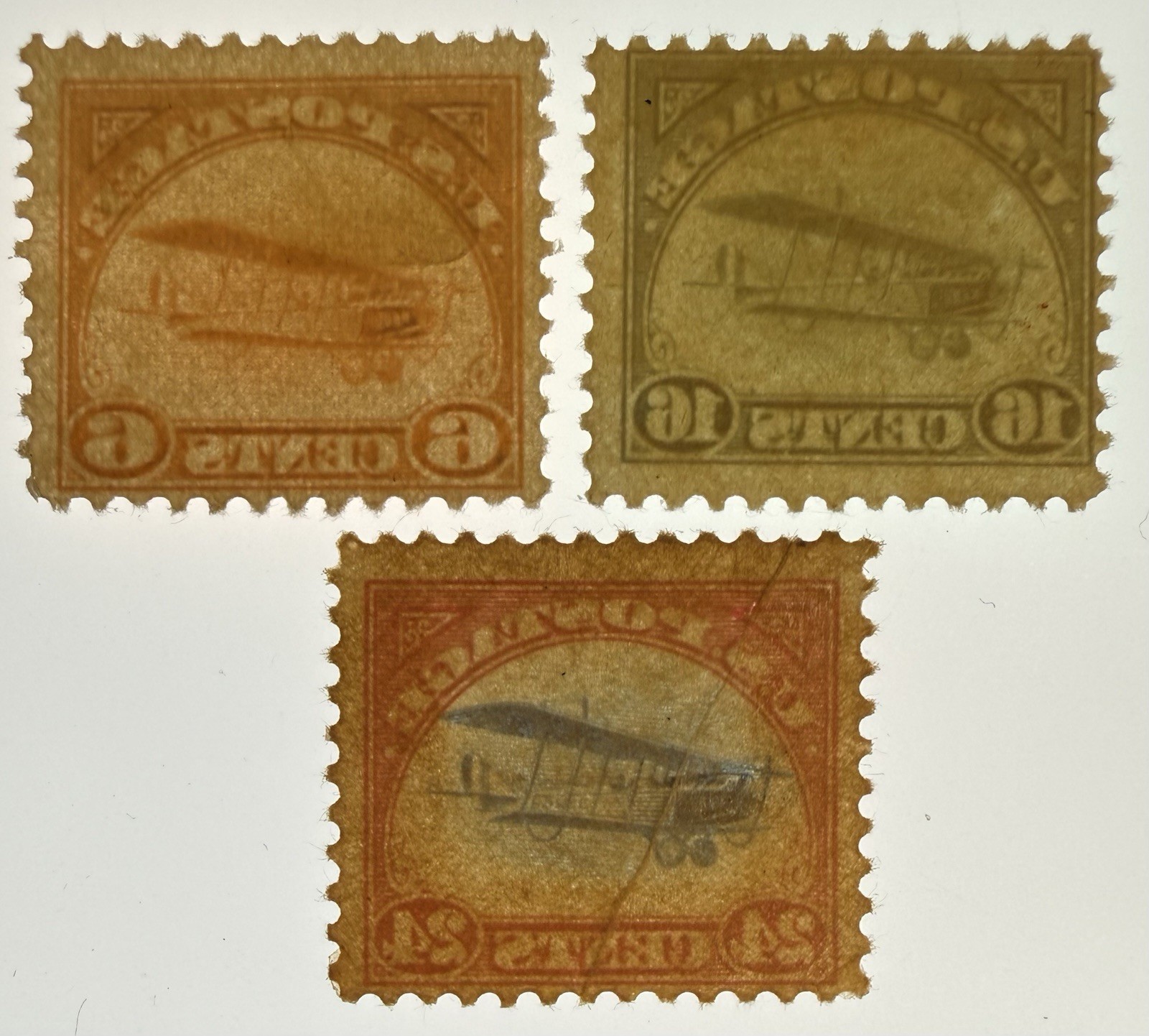 US #C1-3 1918 First Series Airmails 6c,16c,24c “Jenny” MH(C3-ppr.fold);$180 SCV