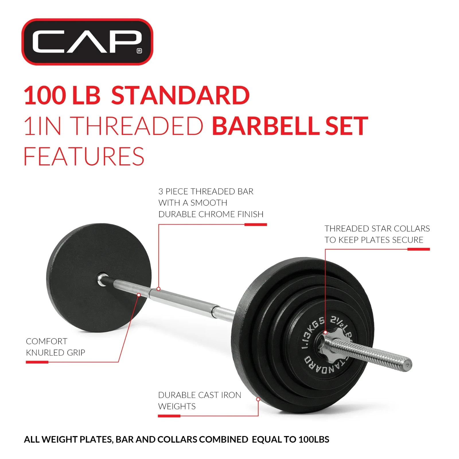 CAP 100lb Standard Cast Iron Weight Set with 3-Pc Bar
