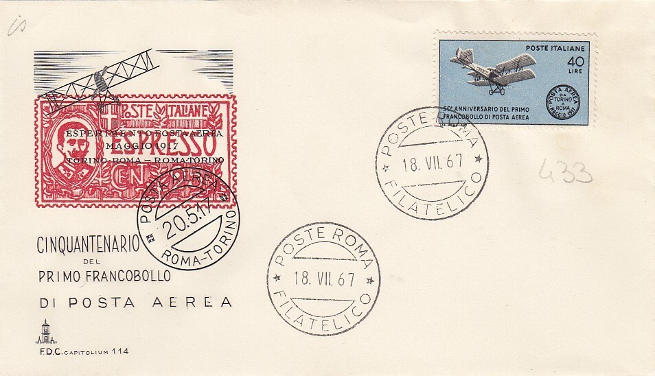 18/7/1967 3 FDC FIRST DAY "50^ FIRST AIRMAIL STAMP" (L433)