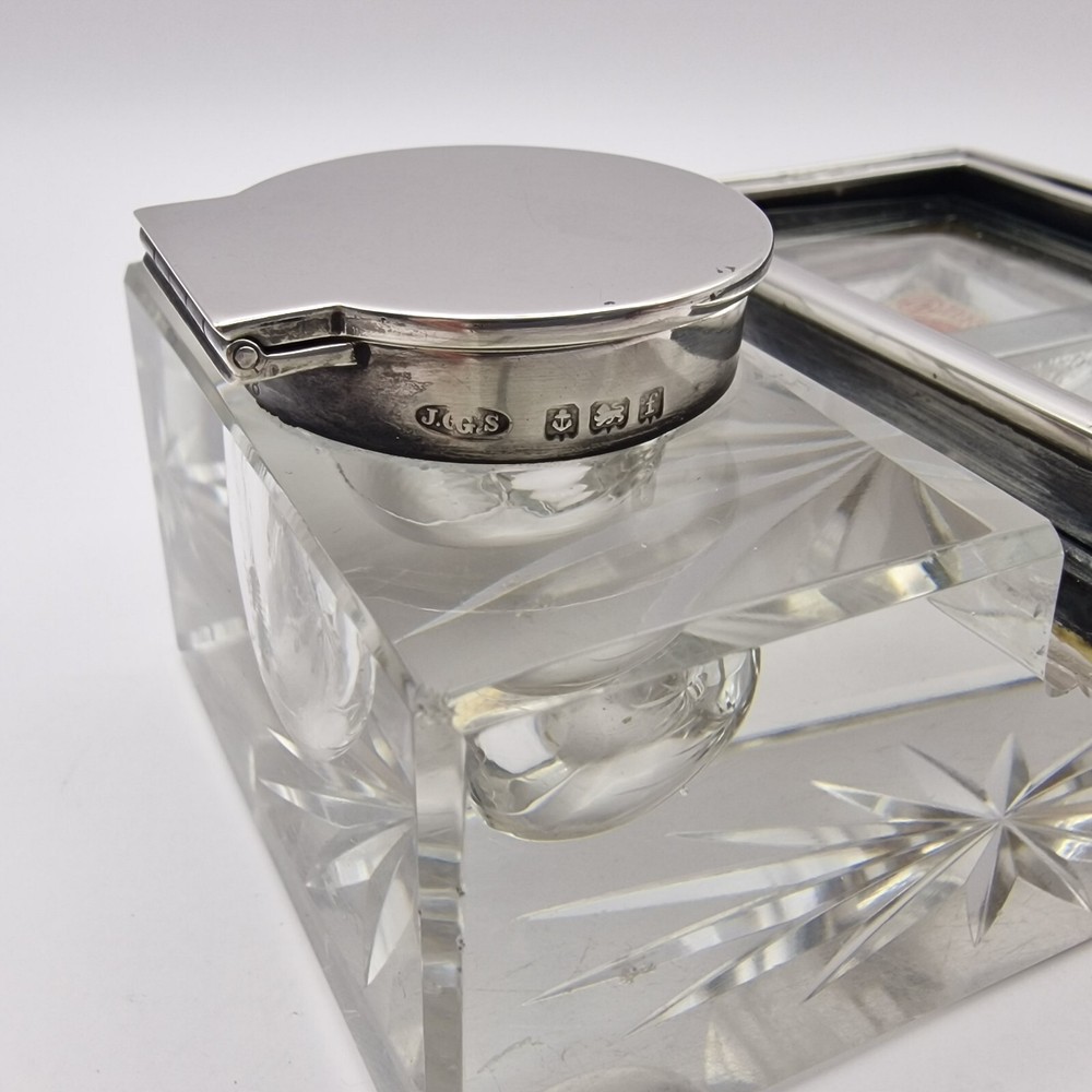 Antique Edwardian Solid Silver Mounted Glass Inkwell, Stamp Box & Pen Rest