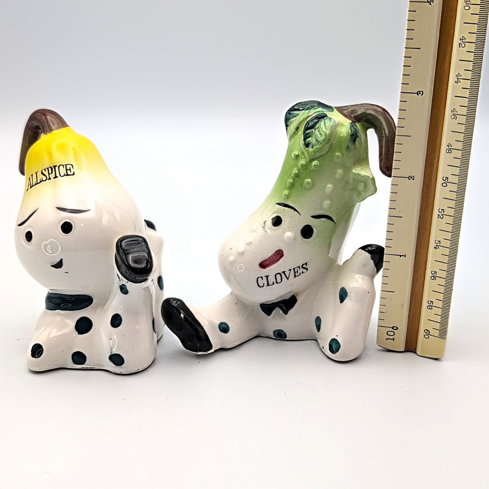 Vtg Japan Anthropomorphic "Allspice" Pear & "Cloves" Pickle Ceramic Spice Shaker