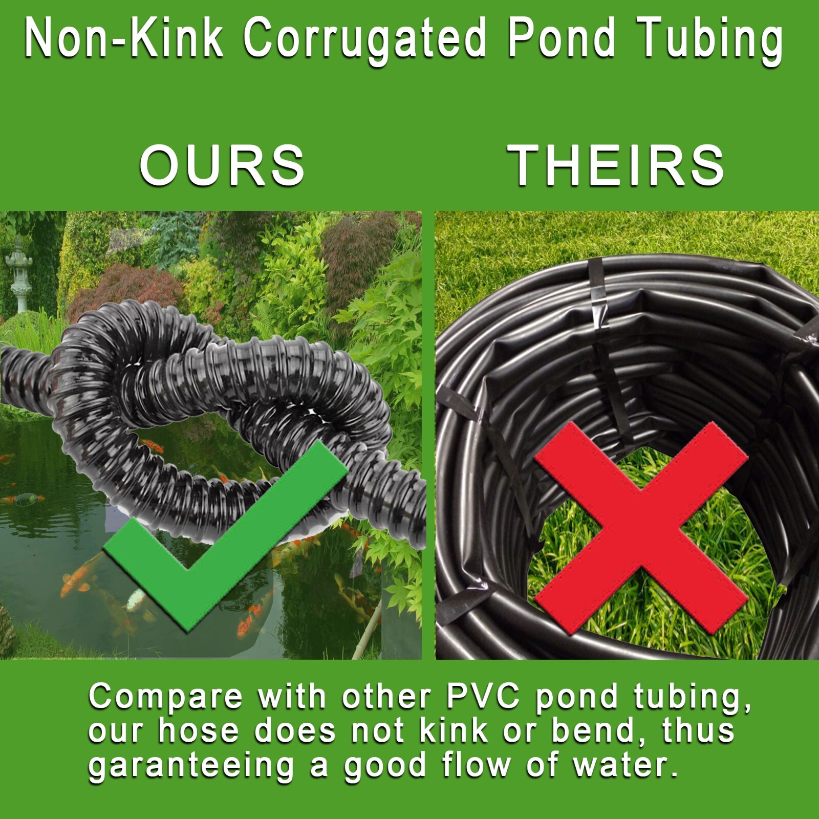 2" Non Kink Corrugated Pond Tubing & Hose for Water Garden & Koi Ponds - UL