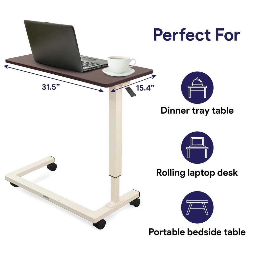 Hospital Bed Table, Mahogany - Overbed Table with Wheels & Adjustable Height ...