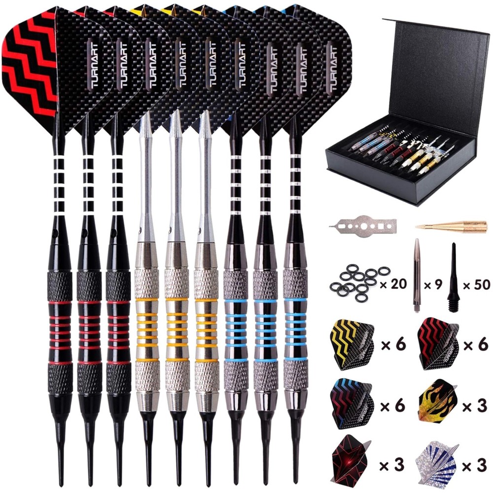 Complete Soft Tip Darts Set - 9 Darts 18g, 50 Tips & Multi-Purpose Tool in Case