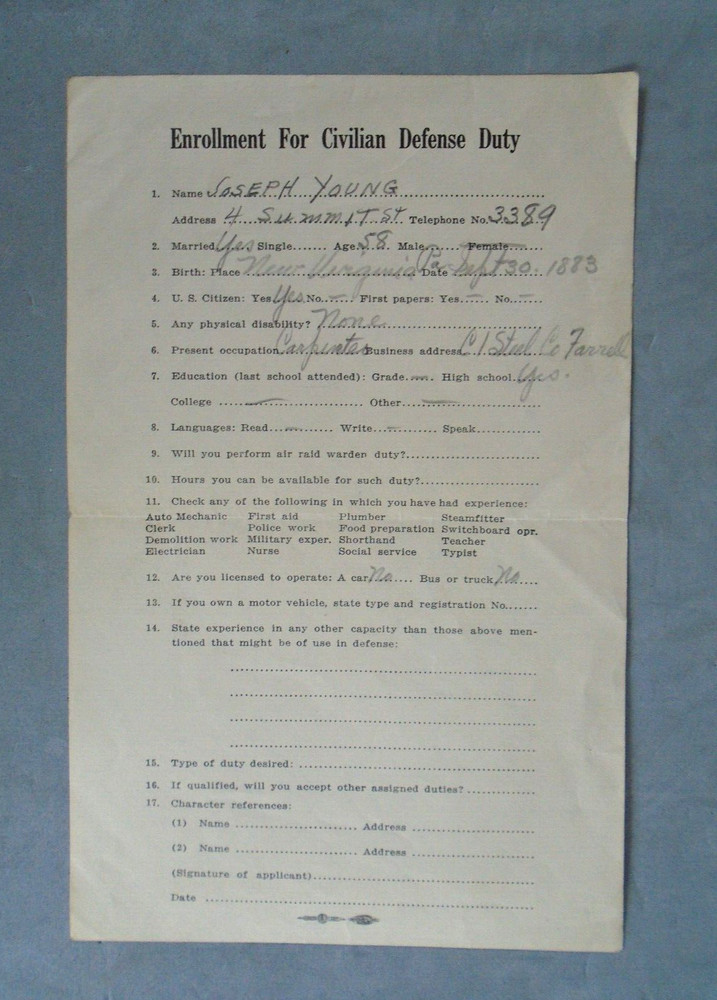 WWII Civilian Defense Duty enrollment form