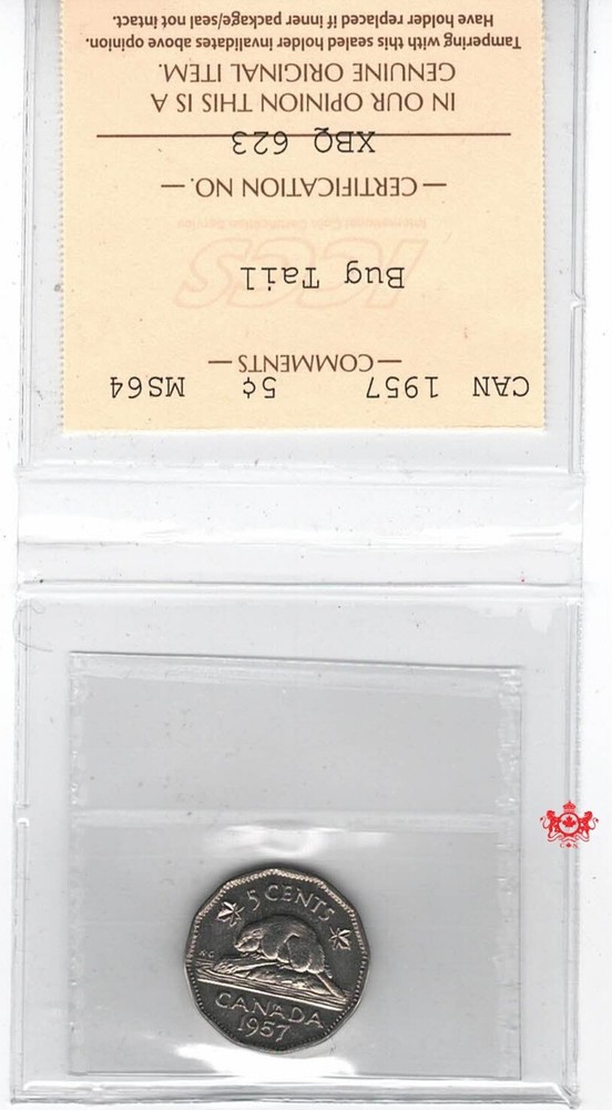 1957 Canada 5 Cents Bug Tail - ICCS MS64 - XBQ 623