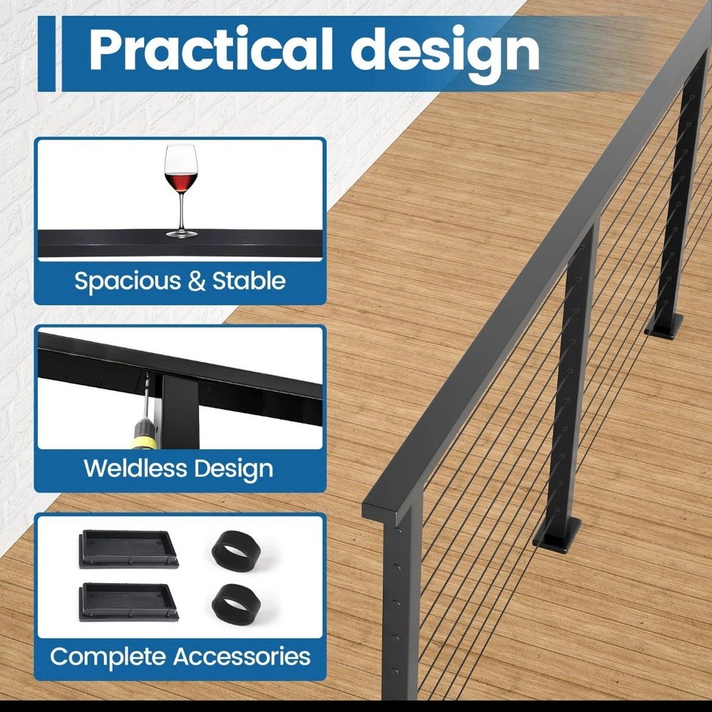 2x6'6" Stainless Steel Handrail Black Rectangular Top 2 pack