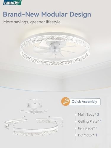 20" Modern Ceiling Fan with Lights & Remote, Dimmable, Low Profile, Flush Mount,