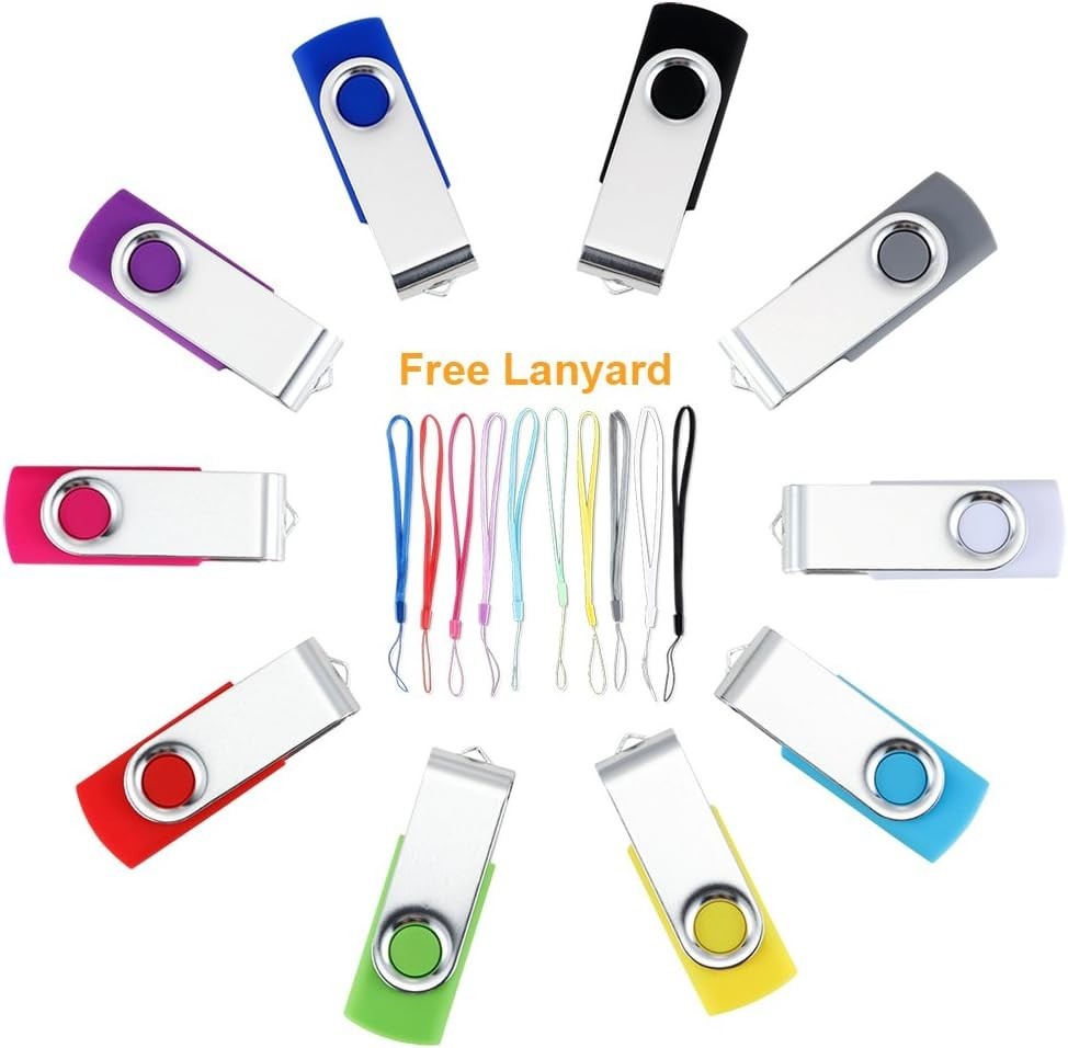 1GB USB Flash Drive 10 Pack - Multi-Color Swivel Memory Stick for Data Storage