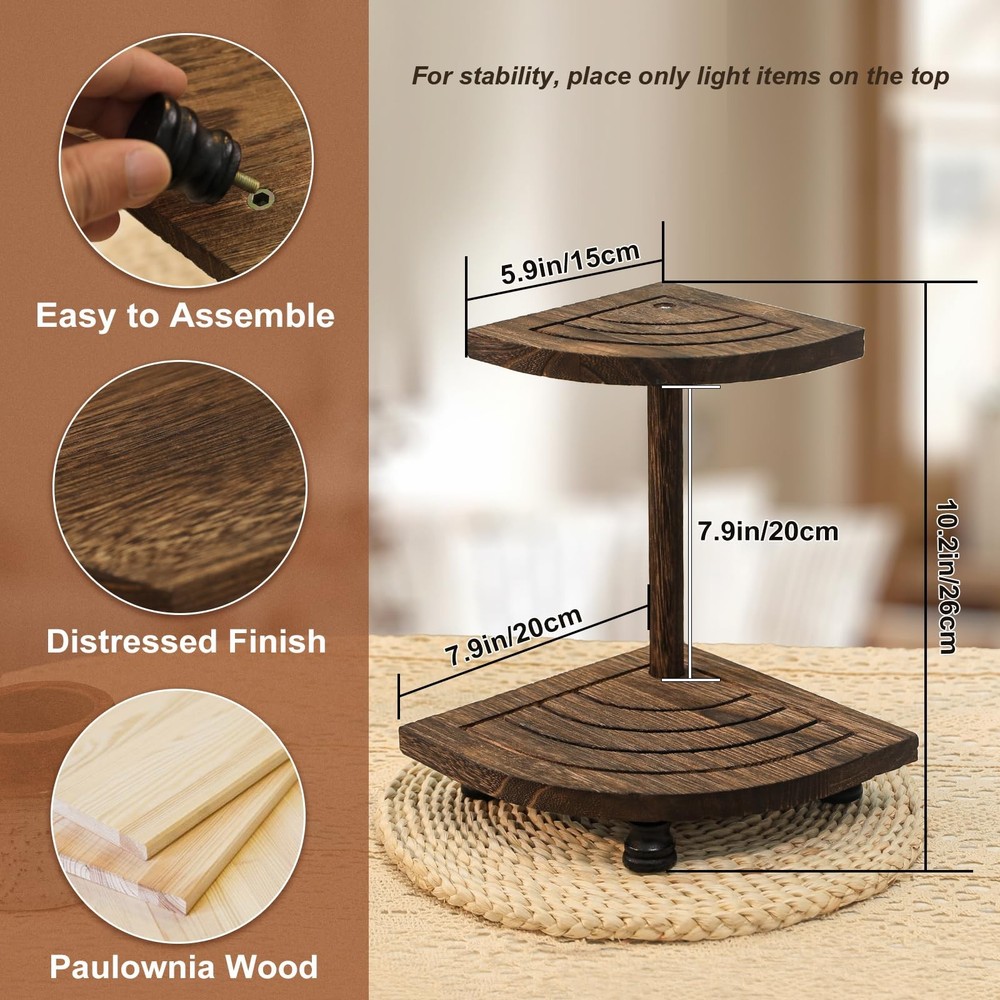 Decorative Wood Riser for Display, 2-Tier Rustic Corner Shelf for Kitchen Bat...
