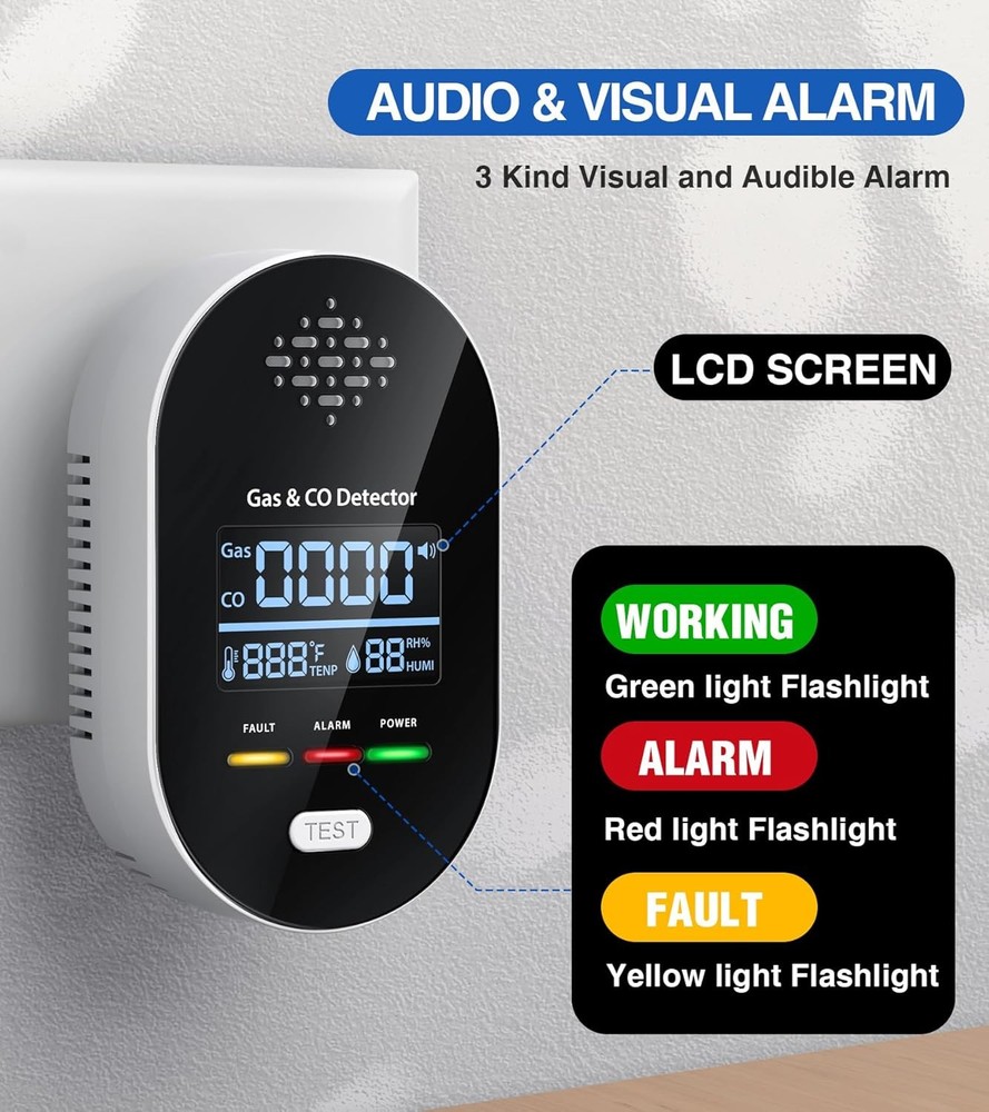 Carbon Monoxide Detectors Warning Alarm Sensor Plug in (Temperature & Humidity)