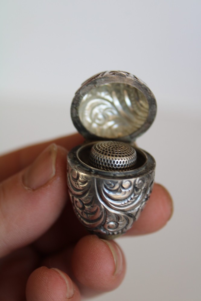 Antique Sterling Silver Repousse Sewing Chatelaine Egg Thimble Case & Pincushion