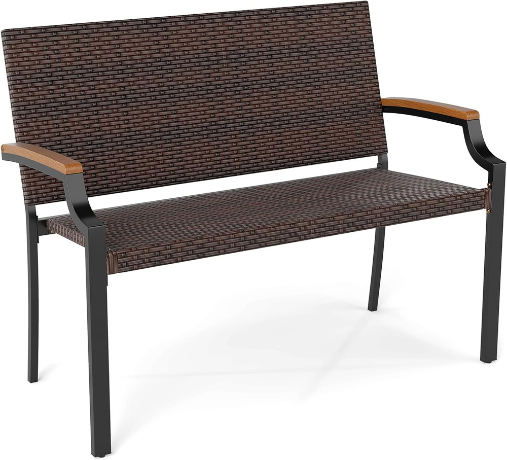 Stylish Stackable Rattan Loveseat Bench with Acacia Wood Armrests, Brown