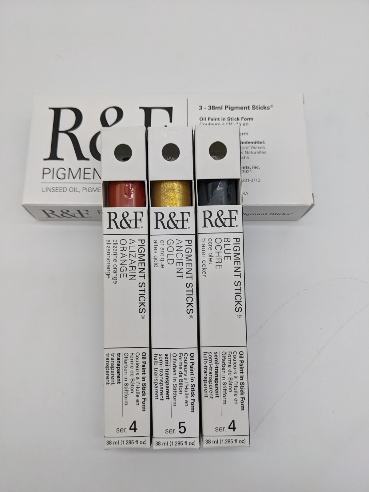 R&F 3-38ml Pigment sticks Blue Ochre, Ancient Gold, Alizarin Orange