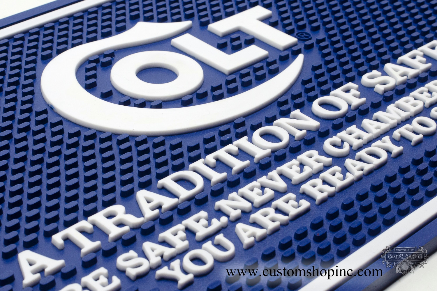 Colt Python Counter Gun Mat. Blue And White. Very Vibrant Color. Serpentine Logo