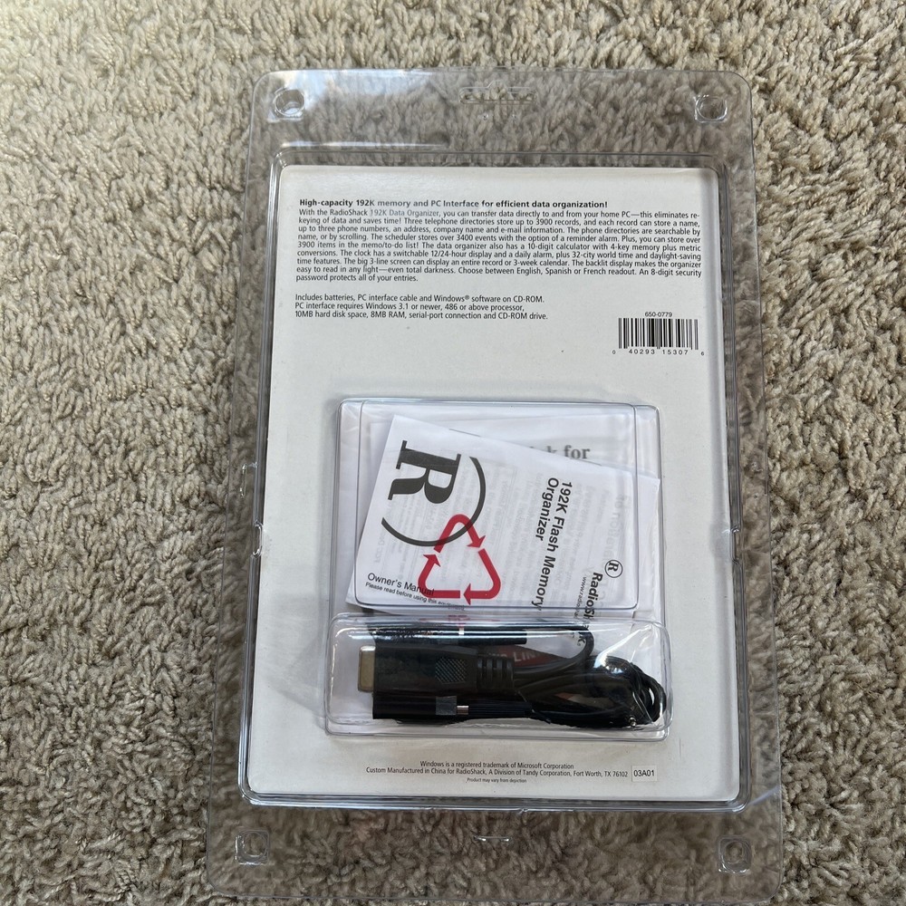 2G RadioShack 192K Data Organizer 65-779 PC Interface Cable And Software NEW