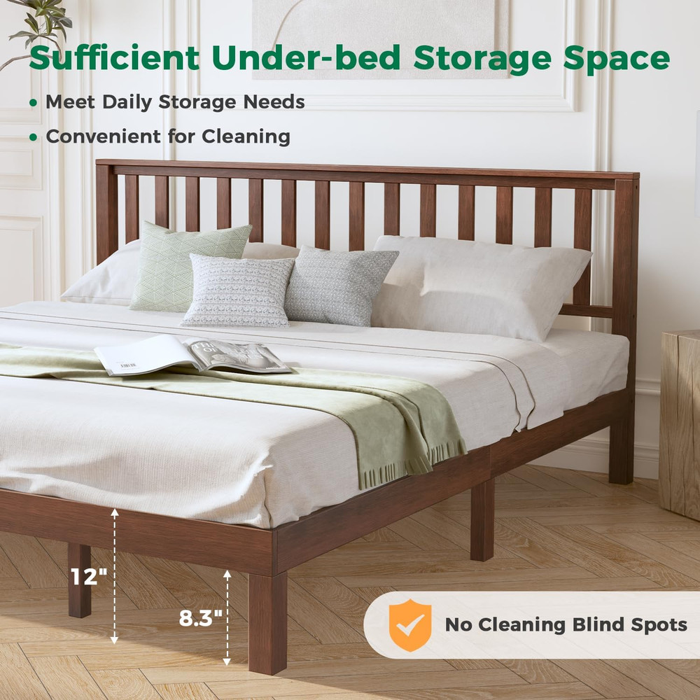 Mid Century King Size Bed Frame with Headboard, Solid Wood, Easy Assembly