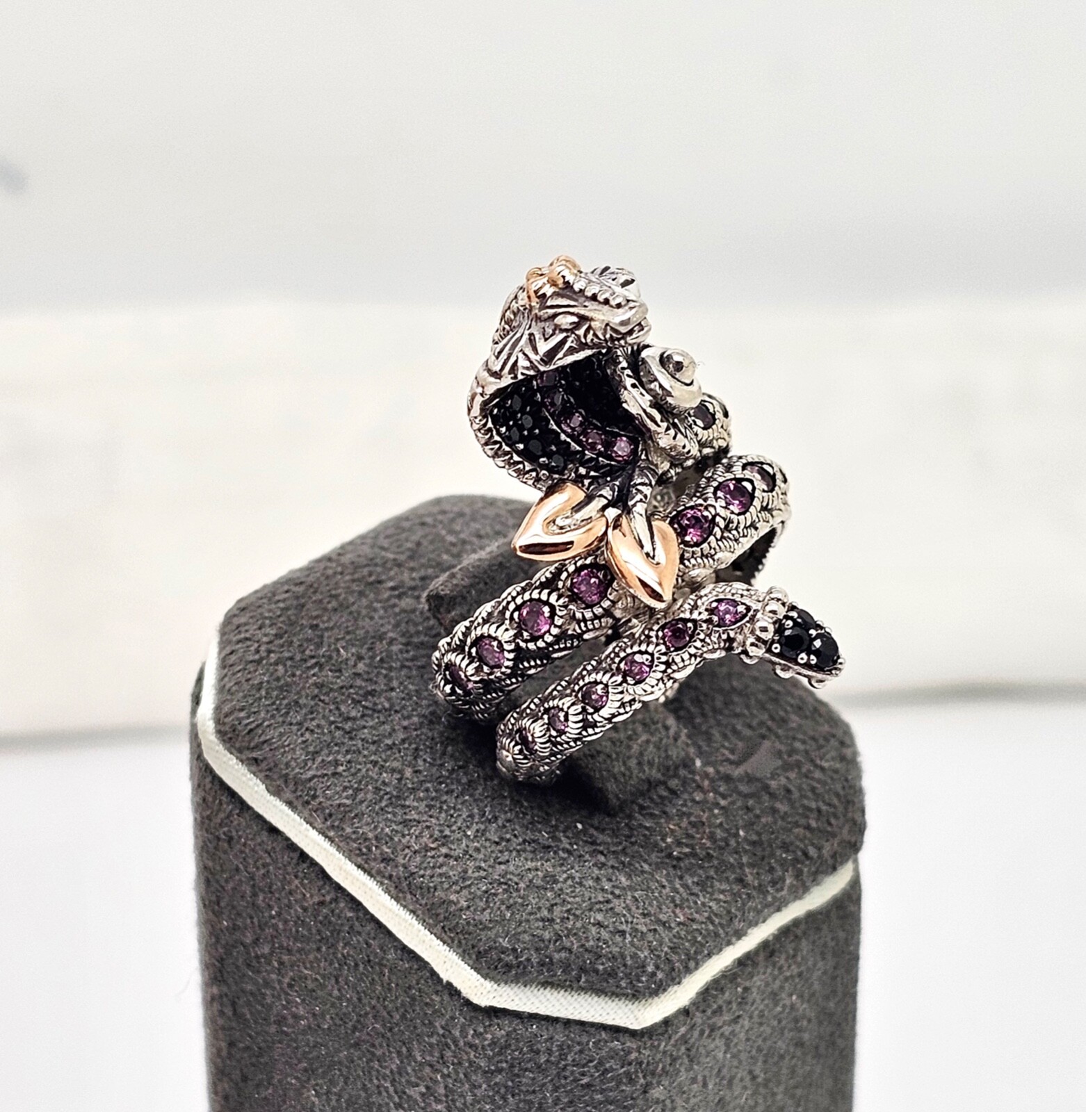 BARBARA BIXBY STERLING SILVER 18K MULTI-STONE KING COBRA SNAKE RING,9,BOX/POUCH