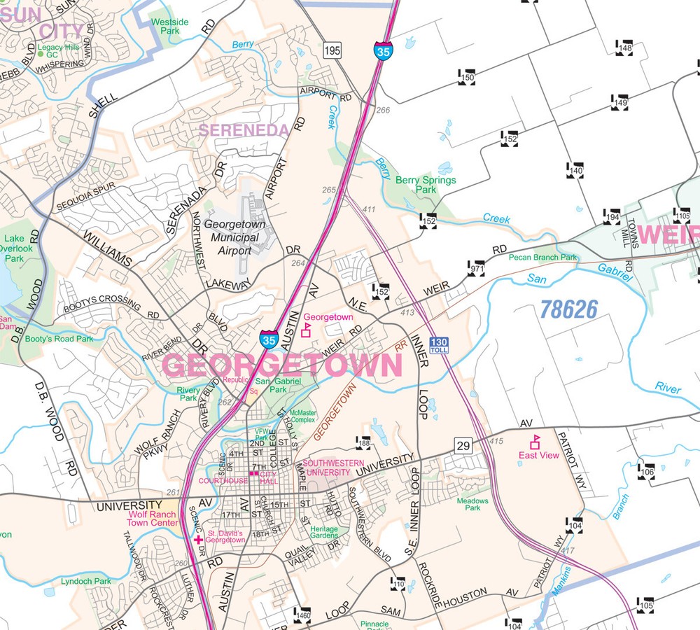 Greater Austin TX Detailed Region Wall Map w/Zip Codes