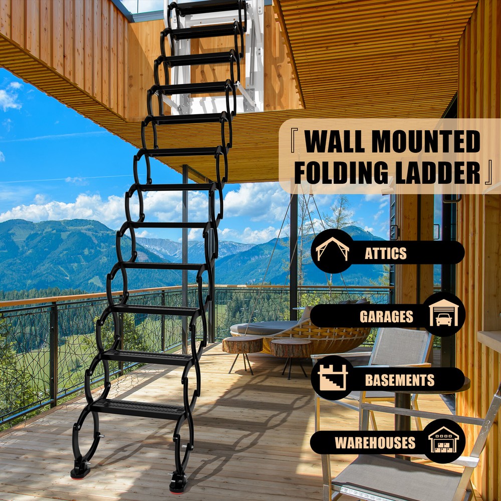 Wall Mounted Folding Ladder Black Loft Attic Stairs Pull down 12 Steps B9