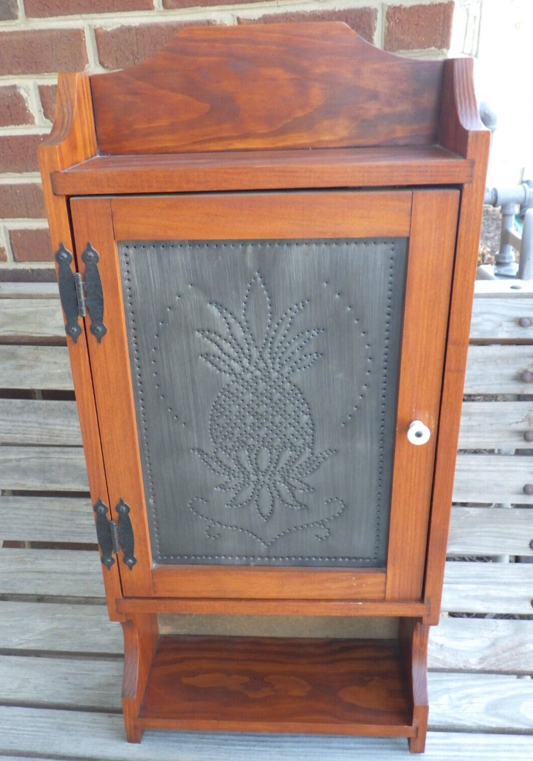 Wall Cabinet Mahogany Wood Punched Tin Pineapple Motif Farmhouse Décor