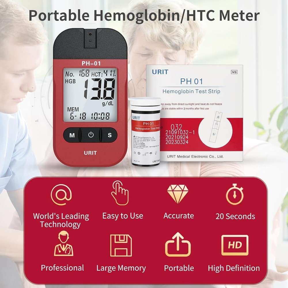 URIT Hemoglobin Test Meter 25 Hemoglobin Test Strips Hemoglobin Home Test Kit,