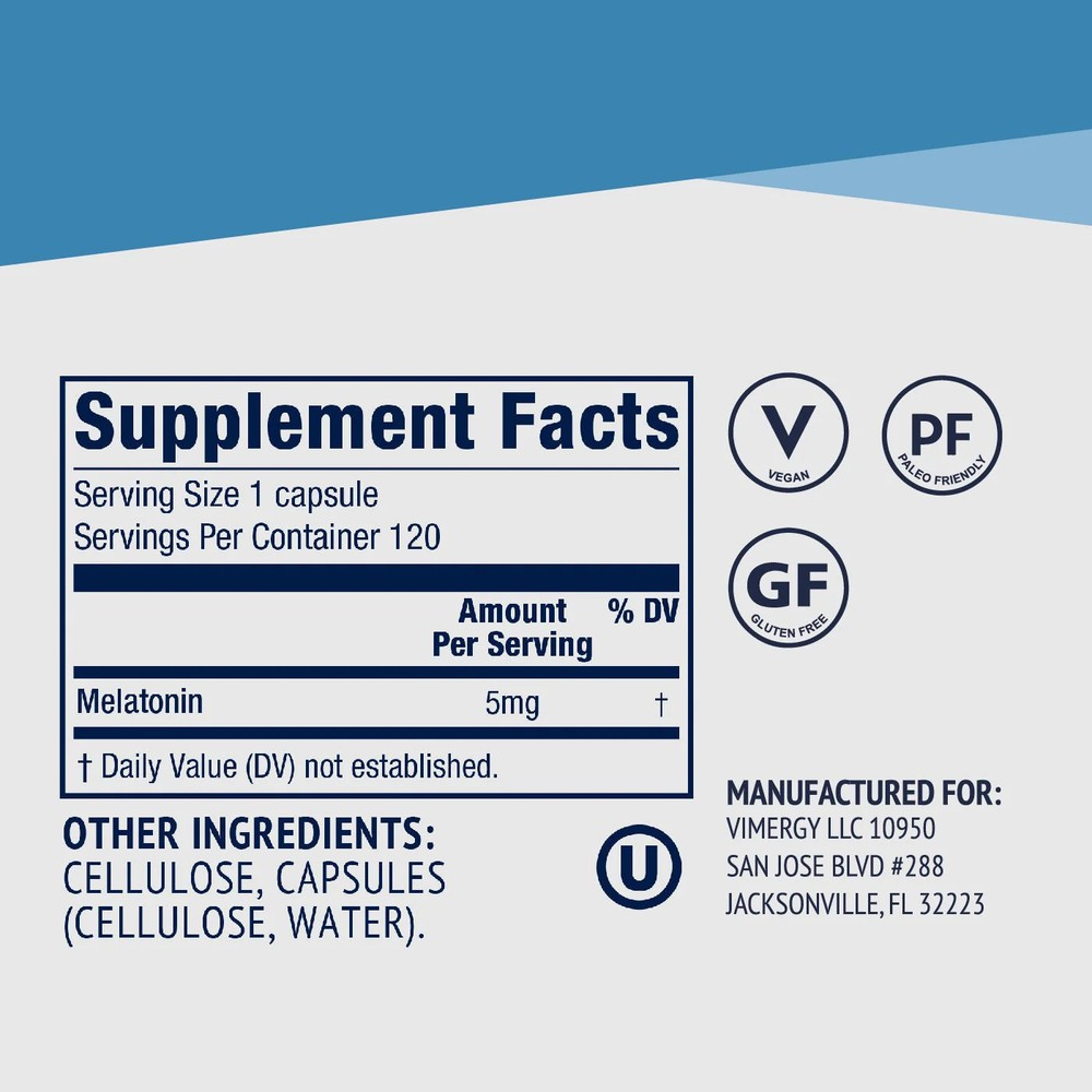 VIMERGY Melatonin Capsules, 120 Servings – Sleep Supplement