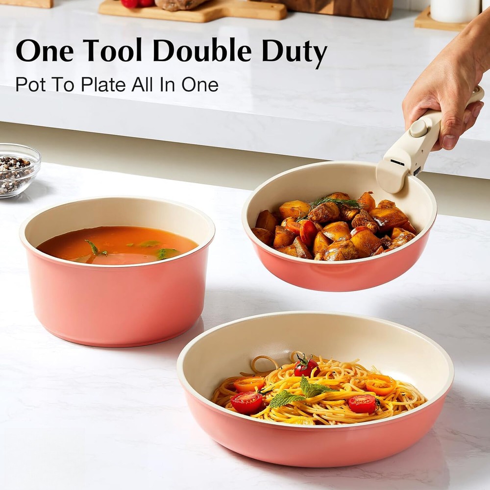 Pink 19-Piece Nonstick Ceramic Cookware Set with Removable Handles