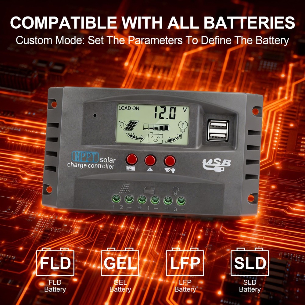 MPPT Solar Charge Controller 100A 12V/24V Auto LCD&USB Intelligent Regulator US