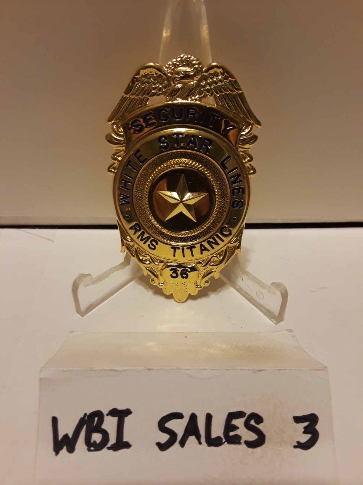 Obsolete White Star Lines RMS Titanic Security Guard Badge Gold Tone