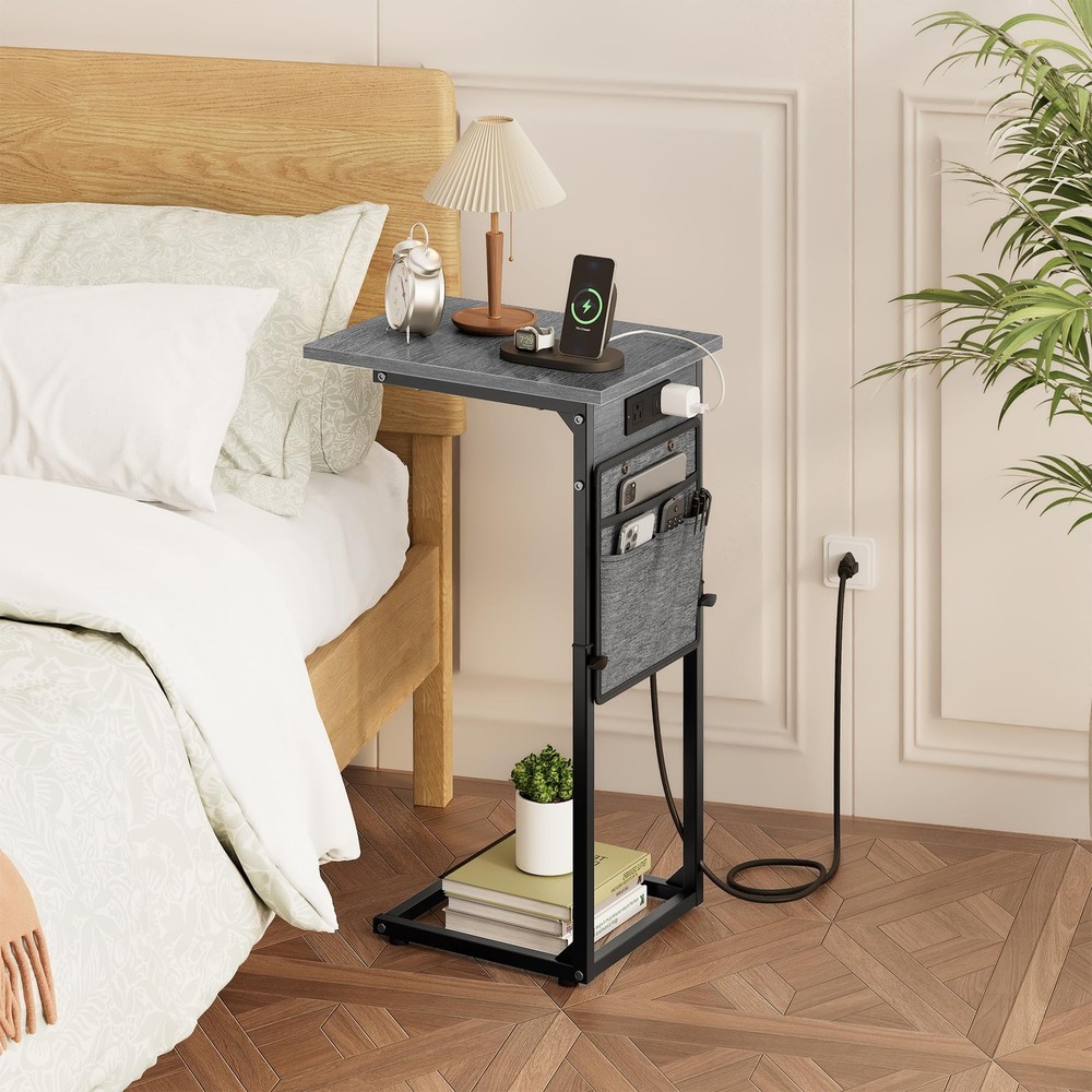 Vagusicc C Shaped End Table with Charging Station, C Table End Table Adjustable