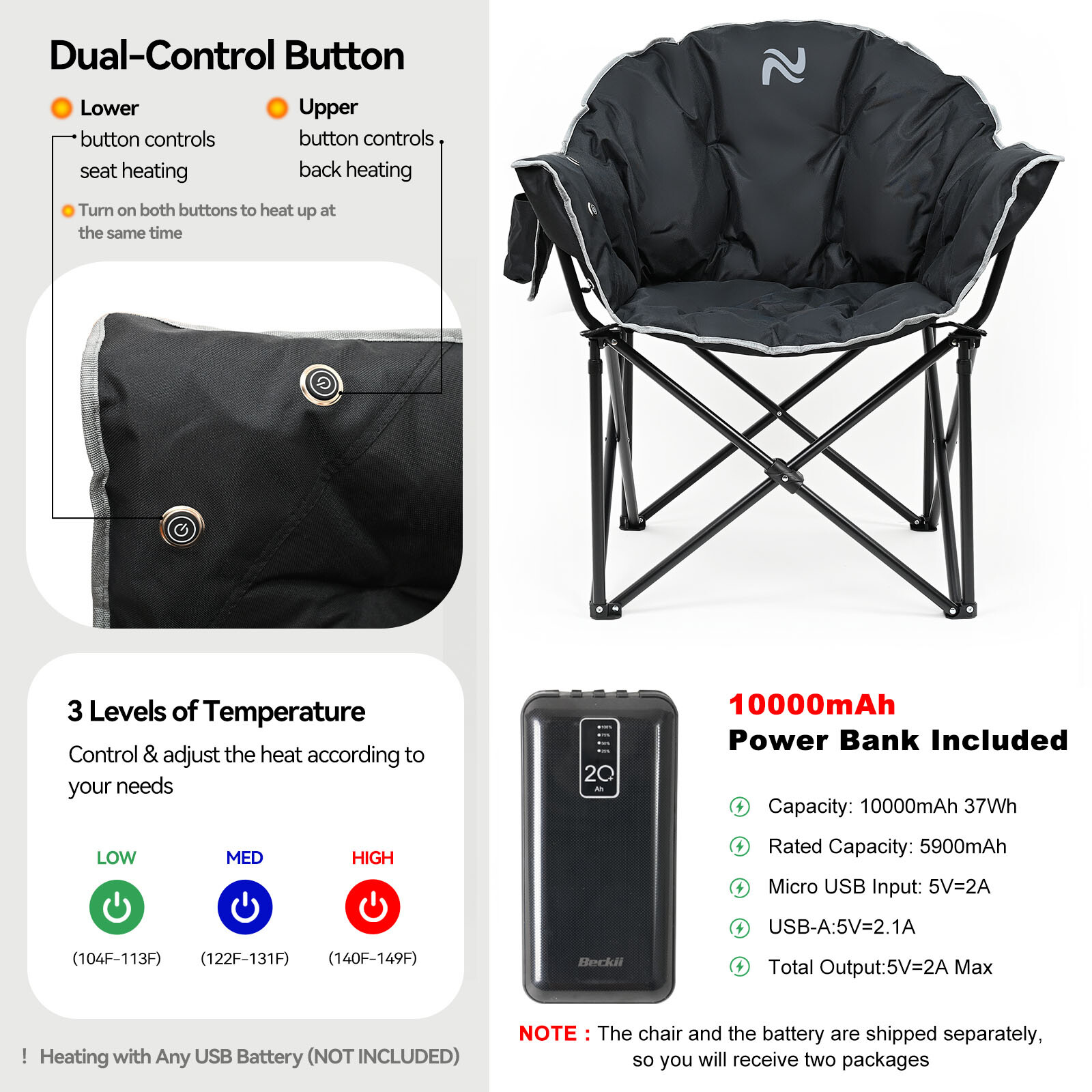 SLSY Oversized Heated Camping Chair Patio Lounge Chairs with 20000mAh Power Bank