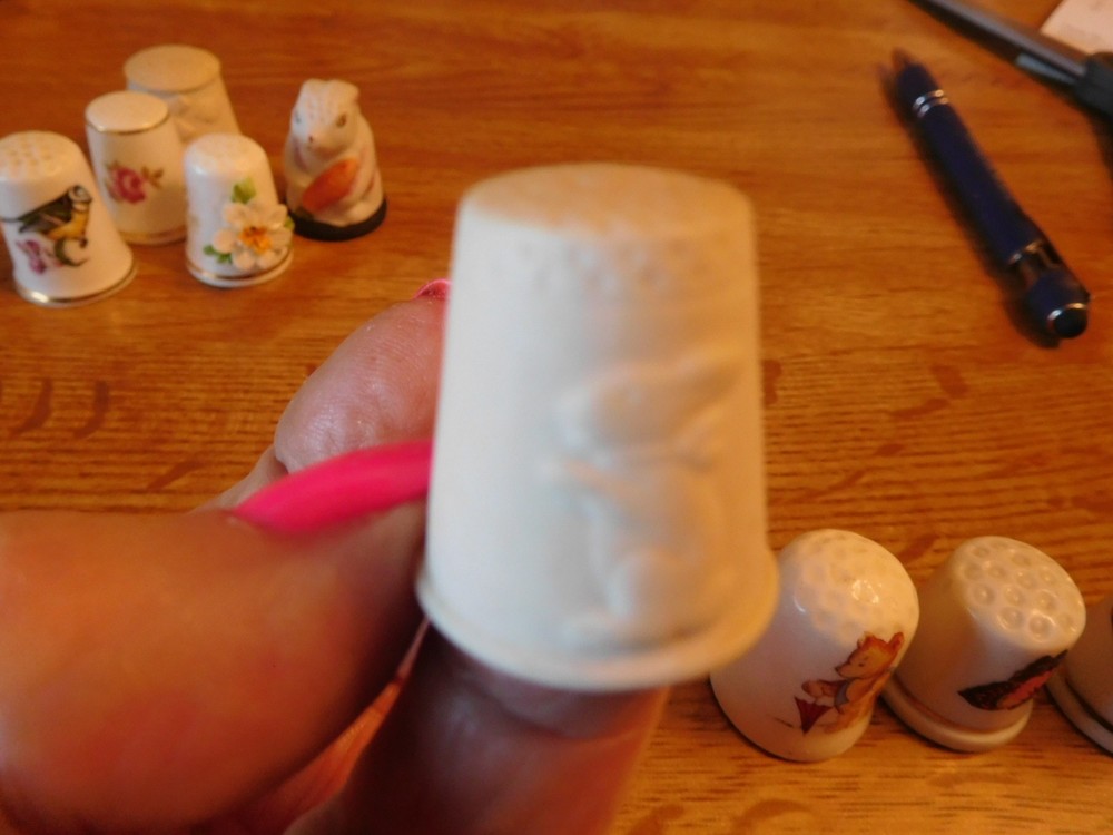5 vintage thimbles-Rabbit,teddy bear,butterfly, shell, Jesse Jackson