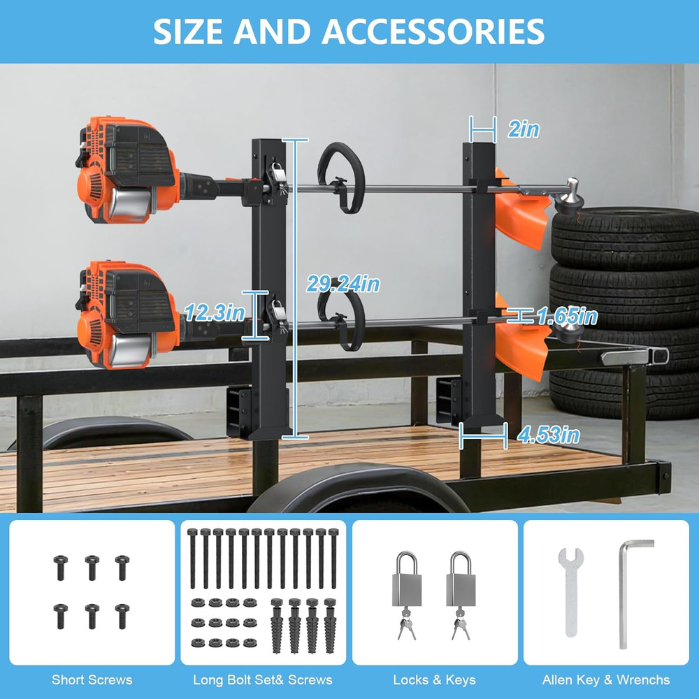 Weedeater Rack for Trailer with Lock, 2 Place Weed Eater Rack Rectangular Hollow