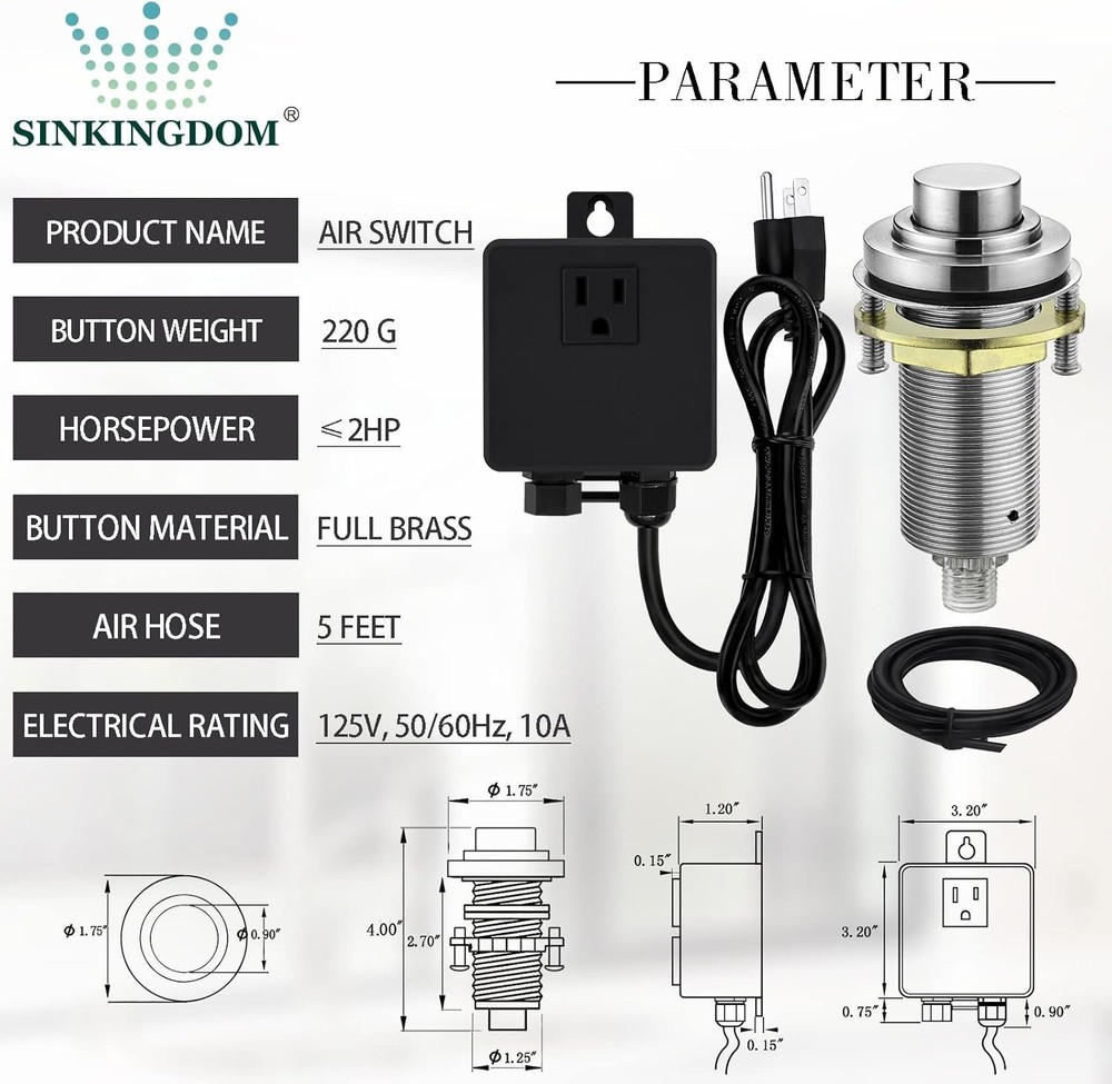 Brushed Nickel Air Switch Kit: Full Brass, Long Button, Garbage Disposal, Cert