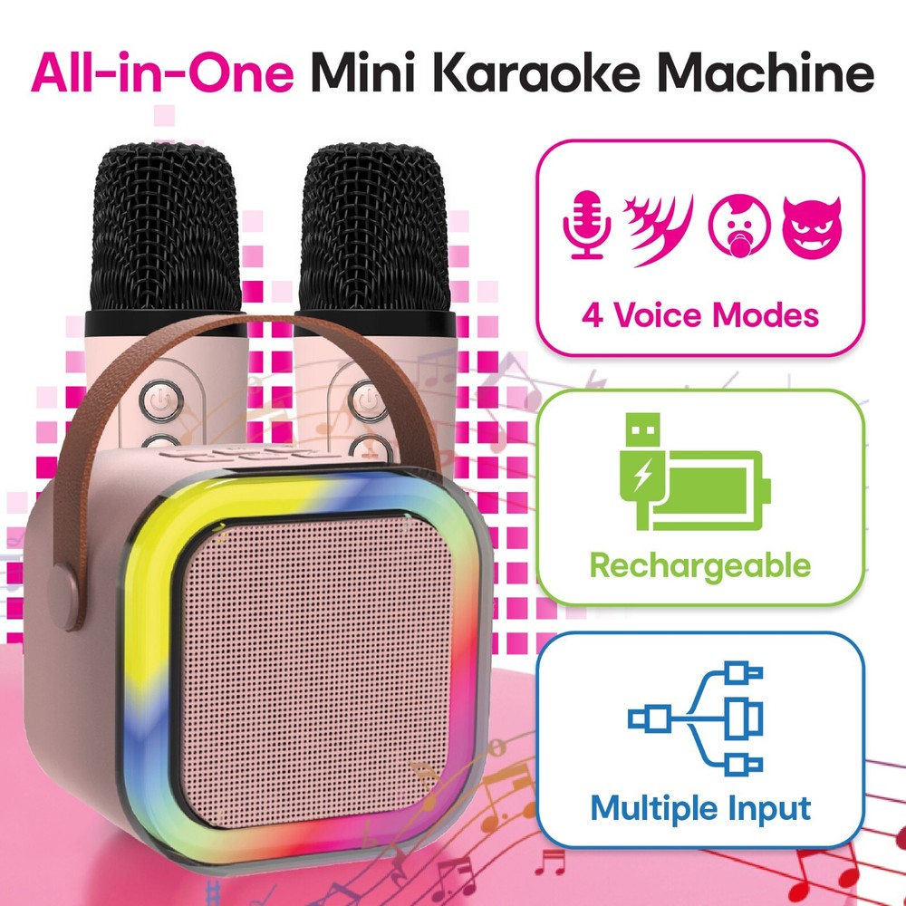 Laser Mini Karaoke Speaker 2 Wireless Mics Bluetooth Pink
