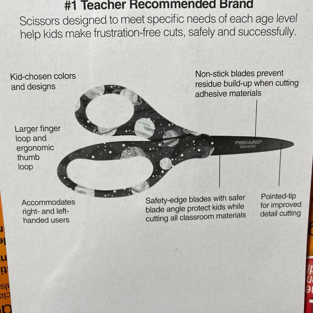 Fiskars Scissors 3 Pairs Pointed Tip Blue Space Planets Non Stick Coating 5"