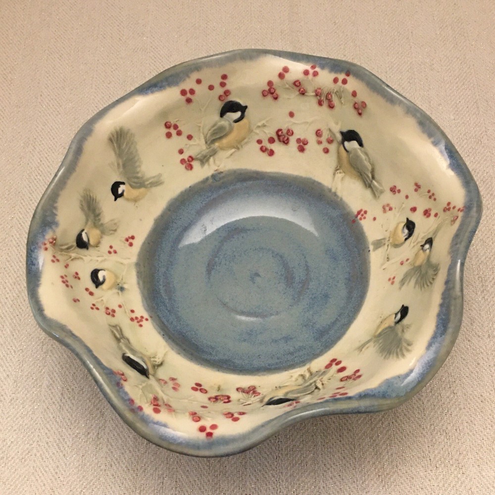 Jen Stein Art Pottery Bowl Decor Piece Chickadee Pattern