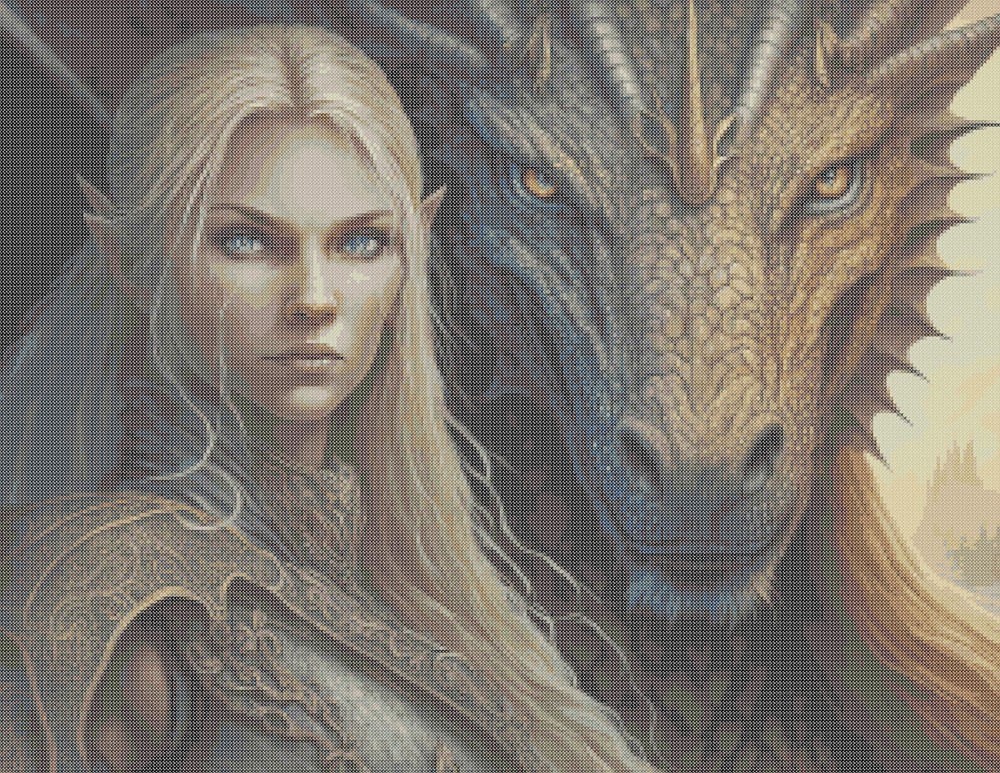 Maiden Warrior Princess with Her Dragon Counted Cross Stitch Pattern Pixel Art