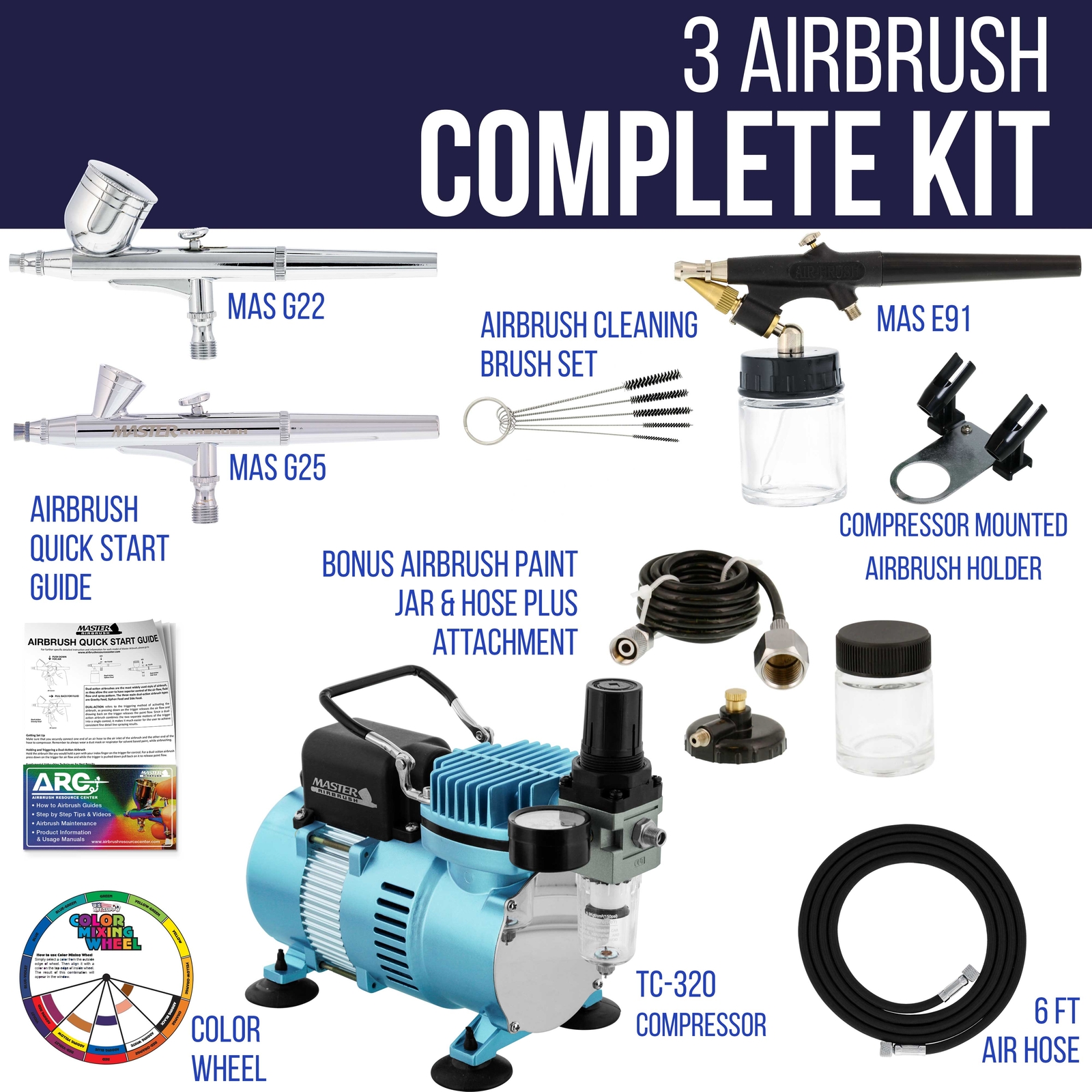 Master 3 Airbrush Dual Fan Air Compressor Professional Kit, Gravity Siphon Feed
