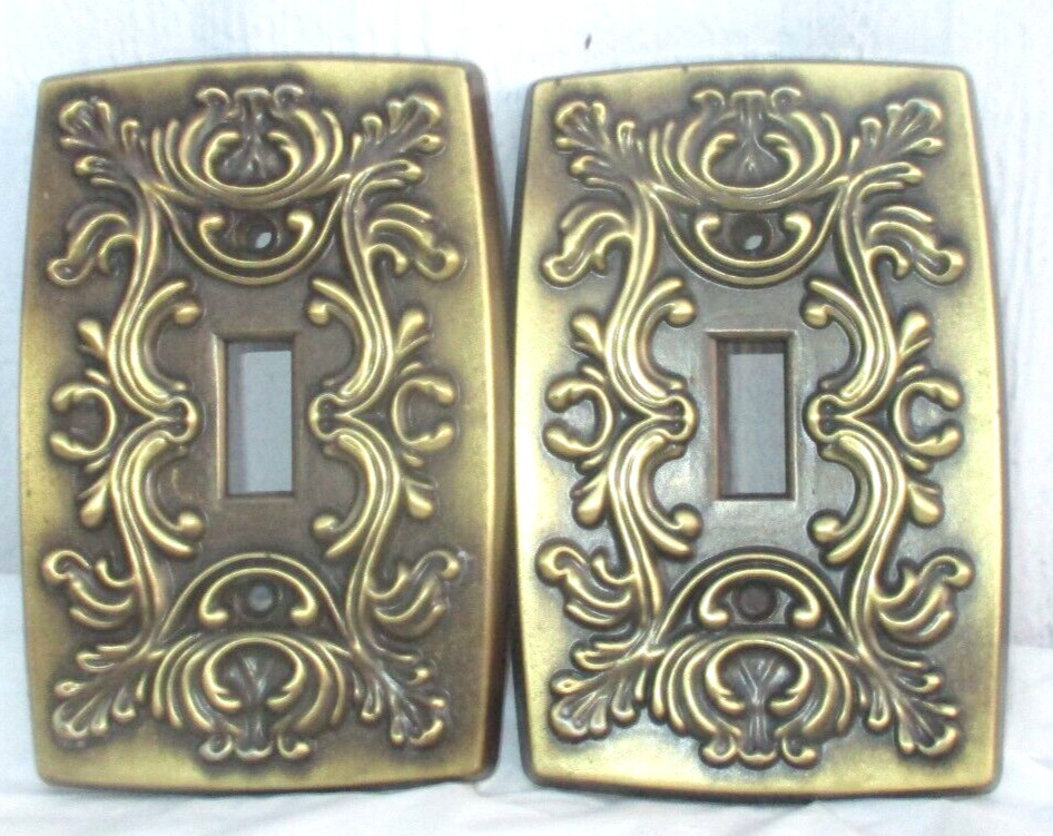 2 Black/Brass Toned embossed Single Switch Plate Covers HALL & MACK GC