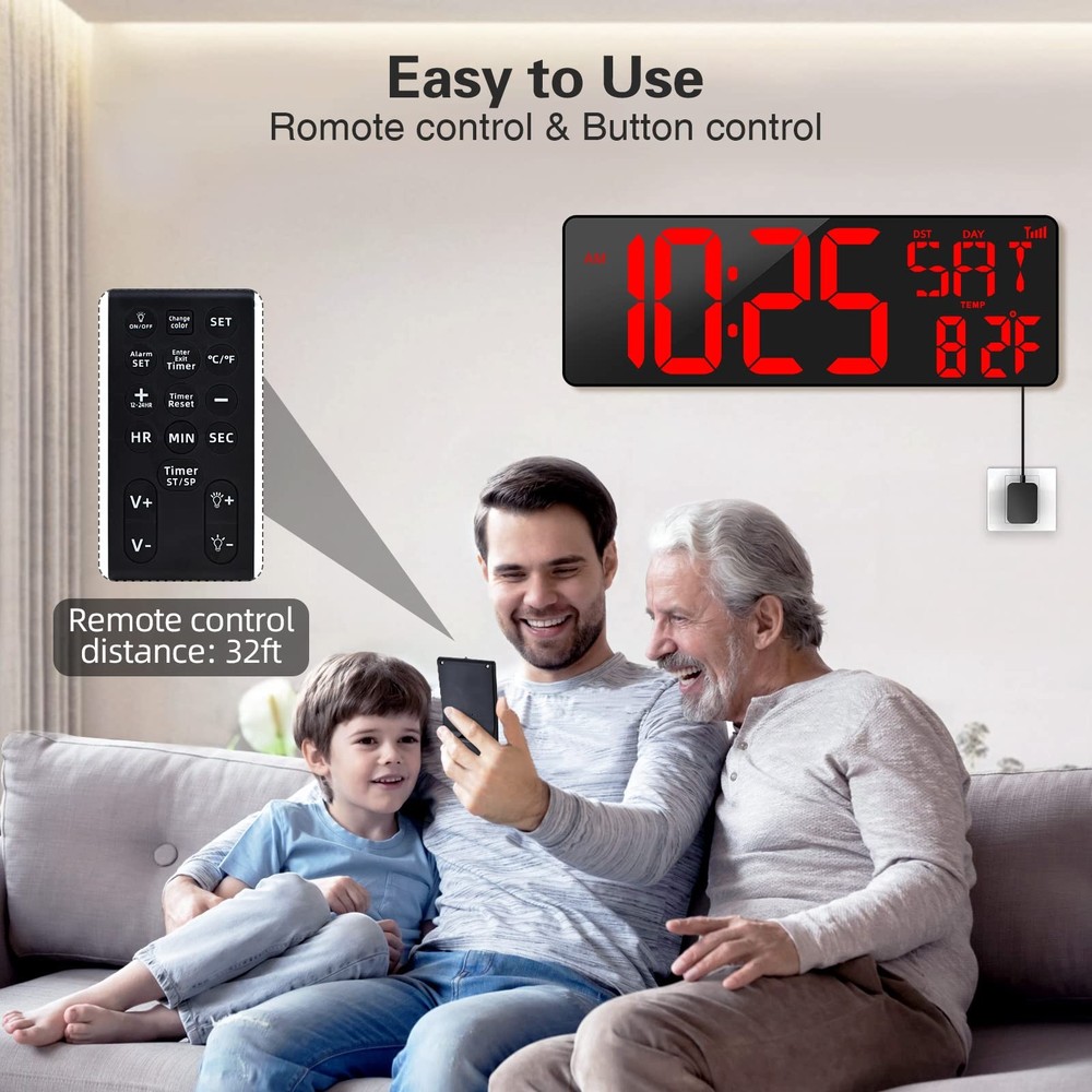Large Digital Wall Clock WiFi Sync, 16.5 in Large Display Wall Clock with Tem...