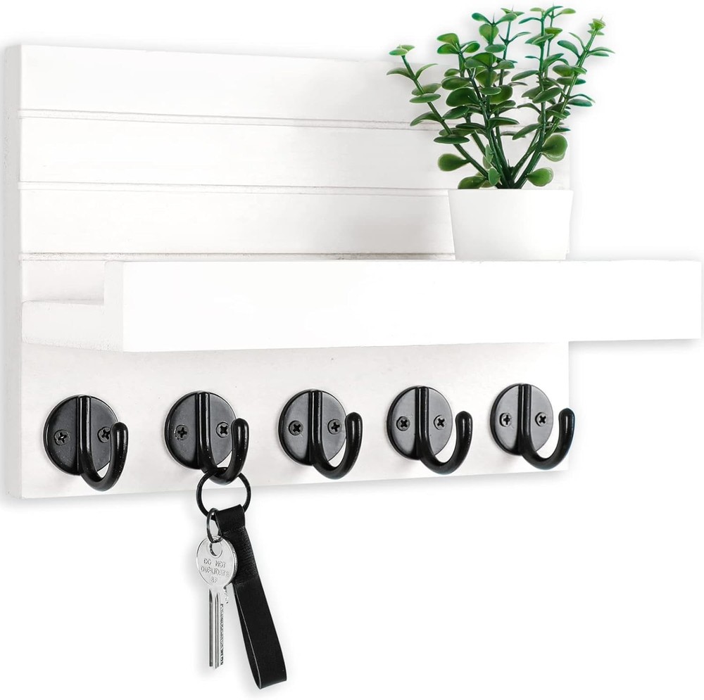 Handmade Decorative Key and Mail Holder with Large Hooks for Wall Mounting